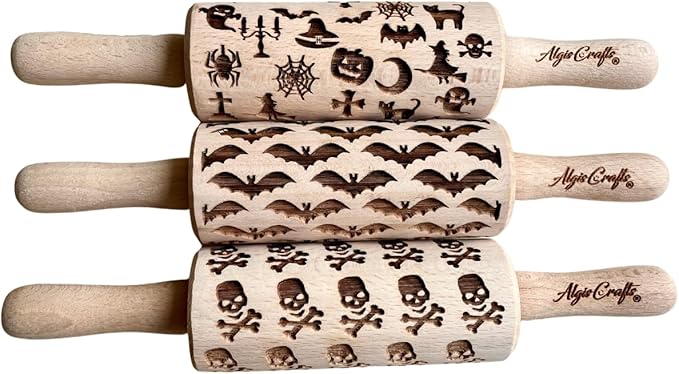 HALLOWEEN 3 Mini Embossed Rolling Pin Set. Wooden Laser Engraved Textured rolling pins for Cookies, Modeline, Ceramic with Skulls, Bats, Halloween by Algis Crafts