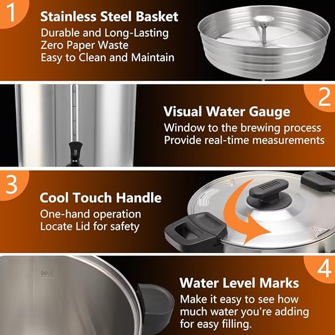95 Cup 16L/4.23Gallon Commercial Coffee Urn, Festa Essential 1500W Large Percolate Coffee Maker, Hot Beverage dispenser With Double Dripless Faucet,Quick-Brewing Hot Water Urn for Catering,Home,Events