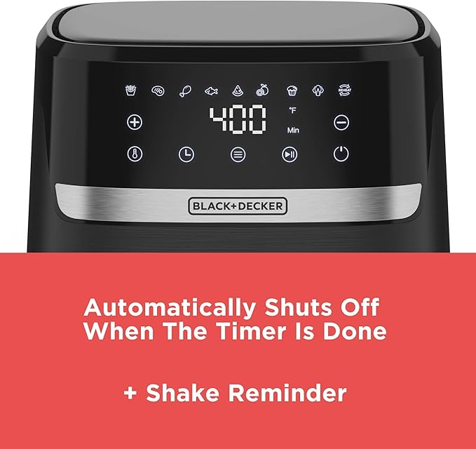 BLACK+DECKER Purifry 6QT Air Fryer, Timer with Auto Shut-off and Shake Reminder, Digital LED Touchscreen and 9 Presets, 1500w up to 400 F, Dishwasher Safe Parts