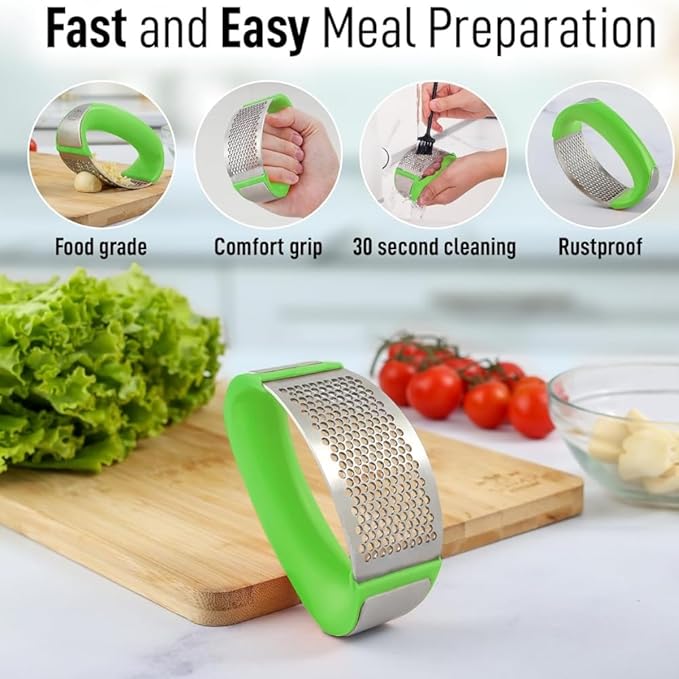 Angel's Peel Lounge Stainless Steel Garlic Press Rocker Set with Silicone Garlic Peeler & Cleaning Brush – Garlic Chopper, Mincer, Grater, Crusher – Easy for Crushed Cloves – Rust-Resistant, Green
