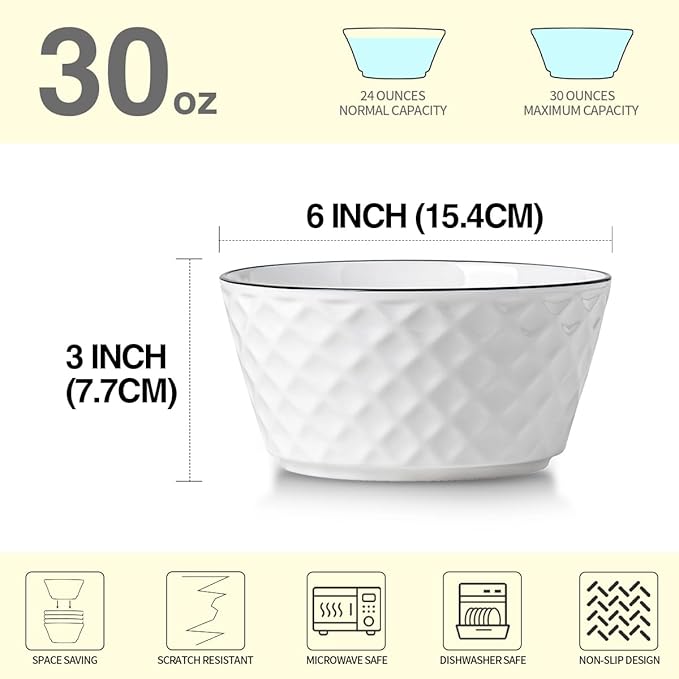 Yeacccng Cereal Bowls Set of 6, 30oz Ceramic Soup Bowls, Scratch-Resistant, Lead-Free, 6 inch White Cereal Bowls for Oatmeal, Salad, Pasta, Soups, Dessert Snacks, Fruits, Dishwasher & Microwave Safe