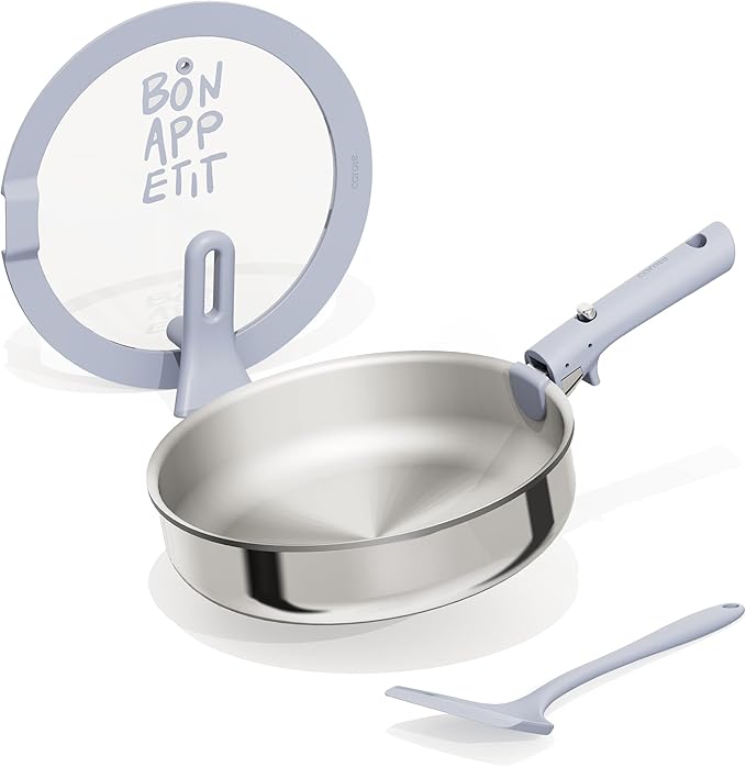 CAROTE 10 Inch Tri-Ply Stainless Steel Saute Pan, 4QT Nonstick Frying Pan with Detachable Handle, Non Toxic Stainless Steel Cooking Pan, Induction Kitchen Cookware with Lid, Oven Safe to 600°F