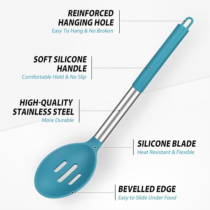 Pack of 2 Large Silicone Cooking Spoons, Non-Stick Stainless Steel Slotted and Solid Spoon Set for Serving, Mixing, Draining, Heat Resistant, Scratch Resistant and BPA Free Kitchen Scoops (Blue)