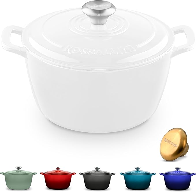Signature Enameled Cast Iron Dutch Oven, Non-Stick Serving Pot with Tight Fitting Lid for Perfect Roasting, Baking, Sauteing, and Bread Making | 4.5Q (4.2L) - White