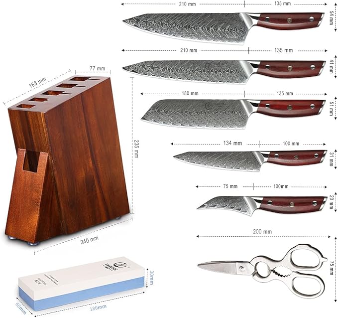 YARENH 8-Piece Kitchen Knife Set with Block,Damascus Chef Knife, 67-Layer High Carbon Stainless Steel,Sharp Rust-Resistant Blades,Sandalwood Handle