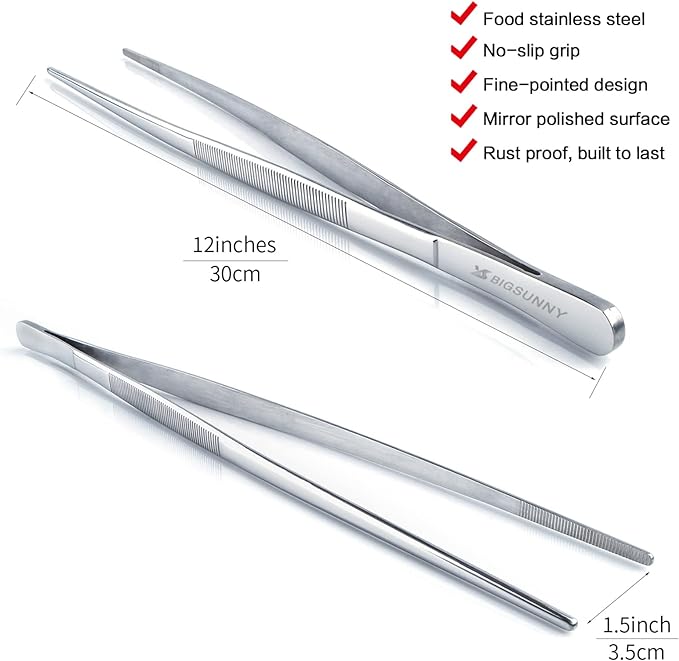 MSY BIGSUNNY Set of 2 Kitchen Tweezers Fine Tweezer Tongs 12 Inch Stainless Steel Food Tweezer, Precision Serrated Tips Food Tongs,Extra-Long Straight Tweezers