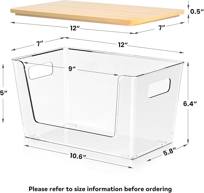 4 Pack Clear Stackable Potato & Onion Storage Bins - Trash Bag Holder Dispenser Under Sink Organizer for Pantry, Kitchen Countertop - Trash Bag Dispenser with Bamboo Lid for 4-13 Gal Bags
