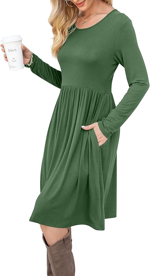 DB MOON Women Casual Long Sleeve Dresses Empire Waist Knee Length Loose Dress with Pockets