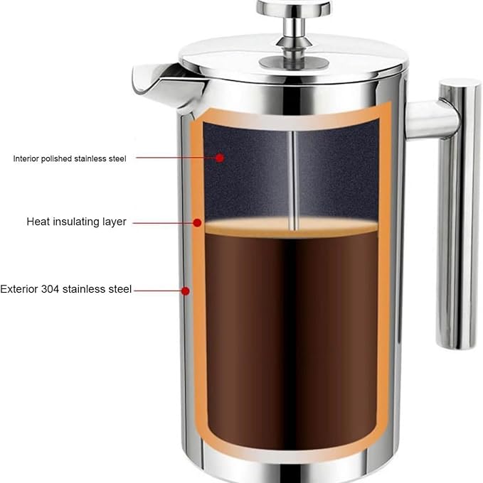 French Press Coffee Maker,Stainless Steel Double Wall Insulated Coffee Press 34 oz,4-8 Cups, Portable Hot Cold Brew Teapot Cafetera for Coffee Bar Accessories Kitchen Camping (silver,34oz)