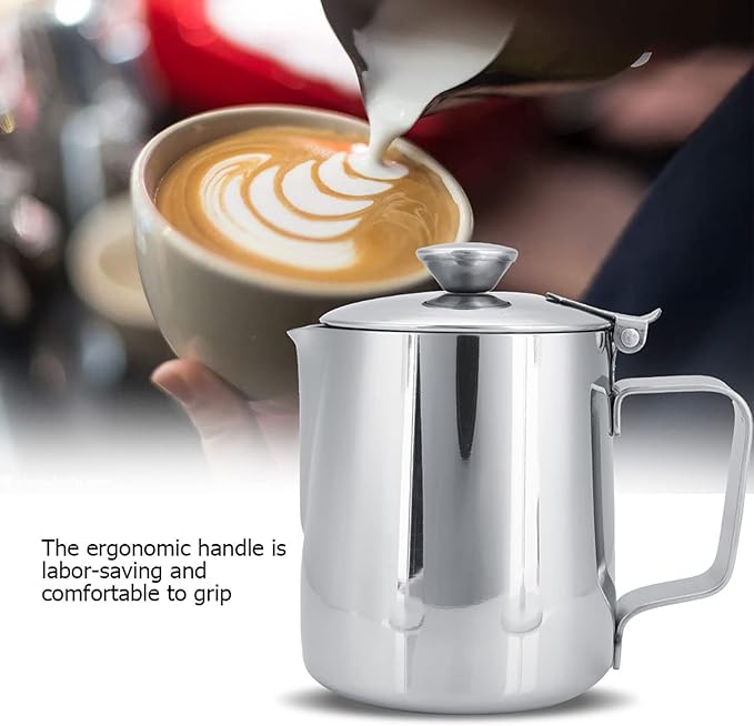 Milk Frothing Pitcher, Stainless Steel Coffee Cup Mug Milk Frothing Pitcher Jug with Lid and Handle Cappuccino Latte Coffee Art for Home Office Kitchen Coffee Shop, Silver(600ml)