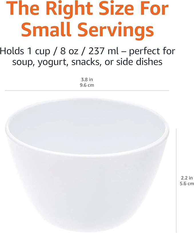 Amazon Basics Round Melamine Bowl, 8 oz, White, 6 Piece Set