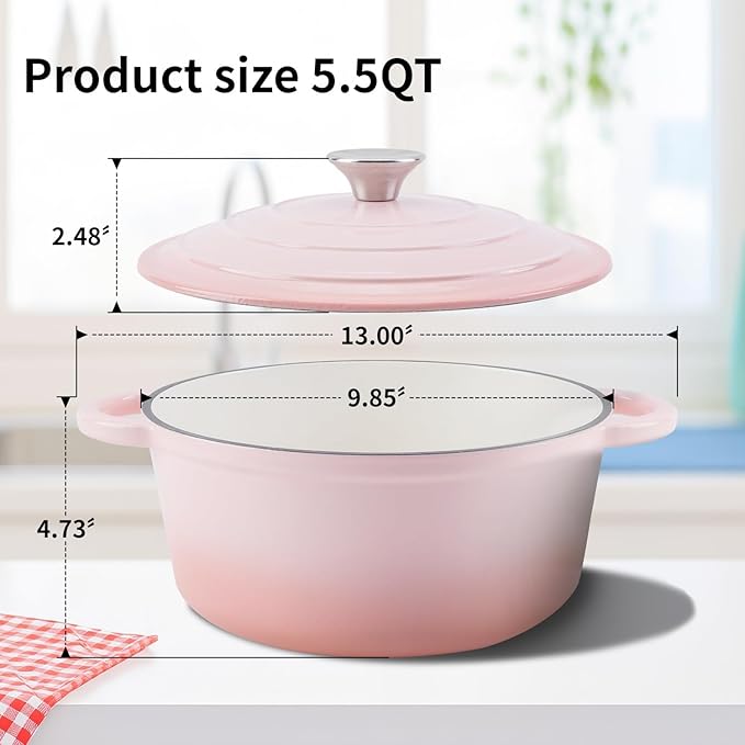 Enameled Cast Iron Dutch Oven Pot with Lid Heavy-Duty Cookware for Bread Baking, Braising, Stews, Roasting,5.5QT，pink