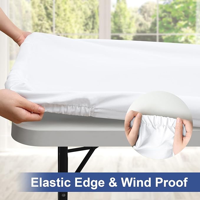 homing Rectangle Table Cloth Cover, Waterproof Polyester Elastic Fitted Tablecloth, Fits for 4 Foot Folding Tables, Washable Table Protector for Picnic, Camping, Outdoor (White, 30" x 48")