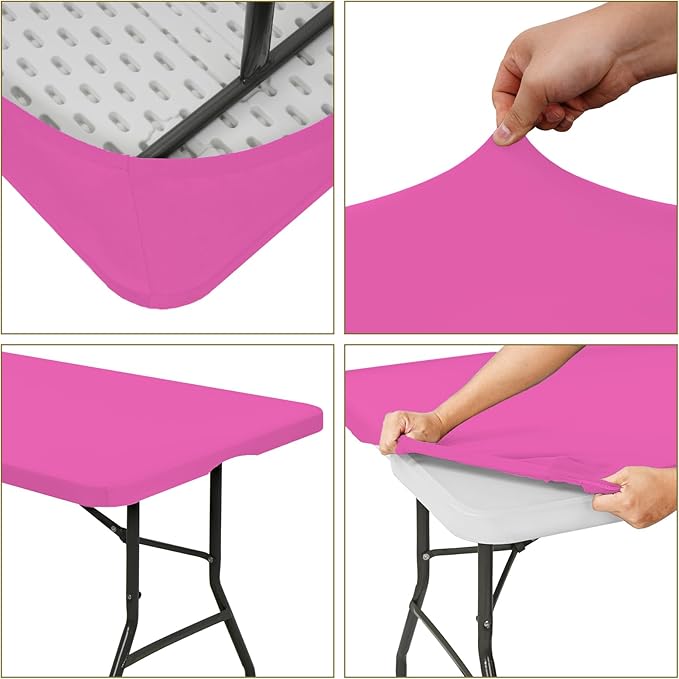 10 Pack Fitted Tablecloth for 6 Foot Rectangle Tables, Hot Pink Elastic Outdoor Picnic Table Cover, Washable Stretch Folding Table Cloths 6 ft for Camping Party Patio Kitchen Banquet, 30" W x 72" L