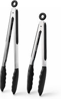 Doosu Kitchen Tongs for Cooking - 600°F Heat Resistant Food Tong Set with Non-Scratch Silicone Tips, Heavy Duty Stainless Steel Locking Tong for BBQ, Grilling Steak, Serving Salad (9+12in, Black)