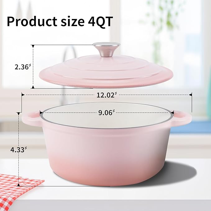Enameled Cast Iron Dutch Oven Pot with Lid Heavy-Duty Cookware for Bread Baking, Braising, Stews, Roasting,4QT，pink