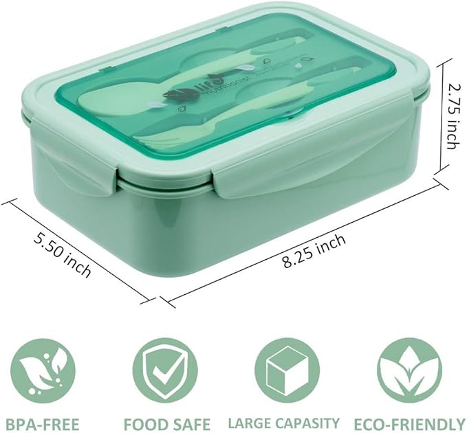 LOVINA Bento Boxes for Adults - 1100 ML Bento Lunch Box For Kids Childrens With Spoon & Fork - Durable Perfect Size for On-the-Go Meal, BPA-Free and Food-Safe Materials(Green)