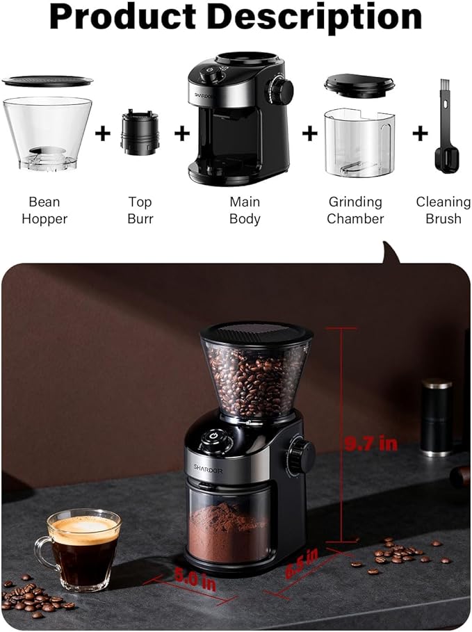 SHARDOR Burr Coffee Grinder 3.0, 32 Grind Settings for Espresso, Pour Over, Drip, and French Press, Adjustable Timer, Easy-Clean Chamber for Home Brewing