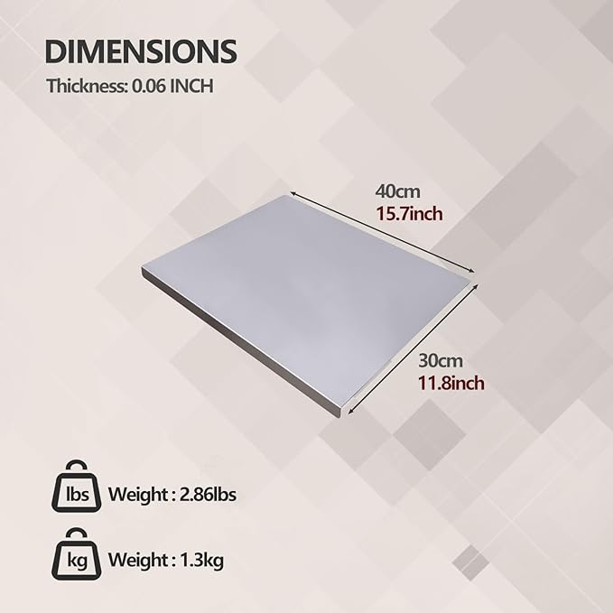 Stainless Steel Cutting Board for Kitchen - 304 Stainless Steel Chopping Boards for Baking, Double-Sided Use for Raw & Cooked Food - Ideal for Homemade Pasta, Pizza & Bread Making (11.8×15.7×0.06")