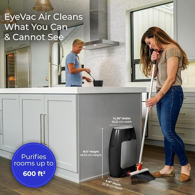 EyeVac Air 2-in-1 HEPA Air Purifier & Touchless Vacuum Automatic Dustpan - Ultra Fast & Powerful - Covers 600 Sq ft - Corded Canister Vacuum, Bagless, Automatic Sensors, 1000 Watt (Black/Black)