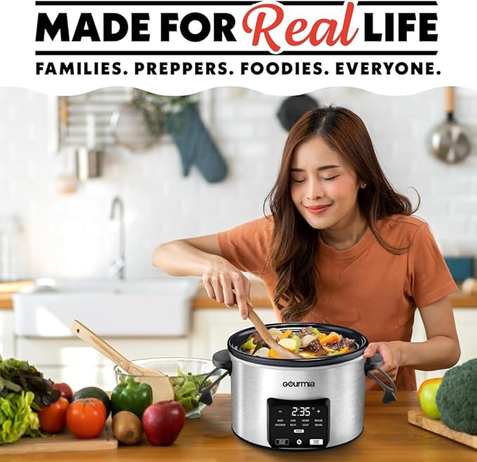 Gourmiia 4.5 Qt Programmable Slow Cooker with 5 Presets, Slow Cook, Digital Timer, Keep Warm Function, Nonstick Interior, Dishwasher Safe (Stainless Steel)