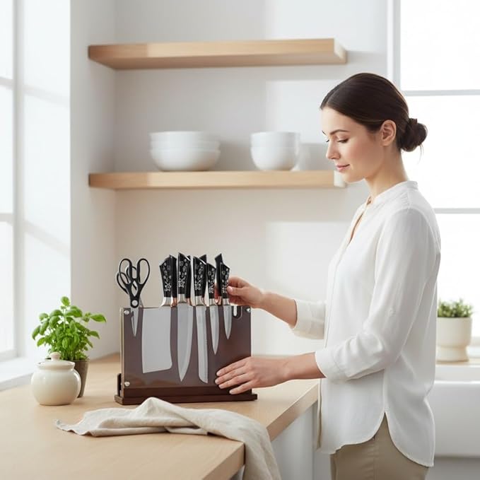 Magnetic Knife Holder Stand 14 x 10 Inches Extra Large Size with Knife Sharpener Wooden Double Sided Magnetic Knife Block Rack for Kitchen Counter with Cutting Board Slot & Acrylic, Sturdy & Durable