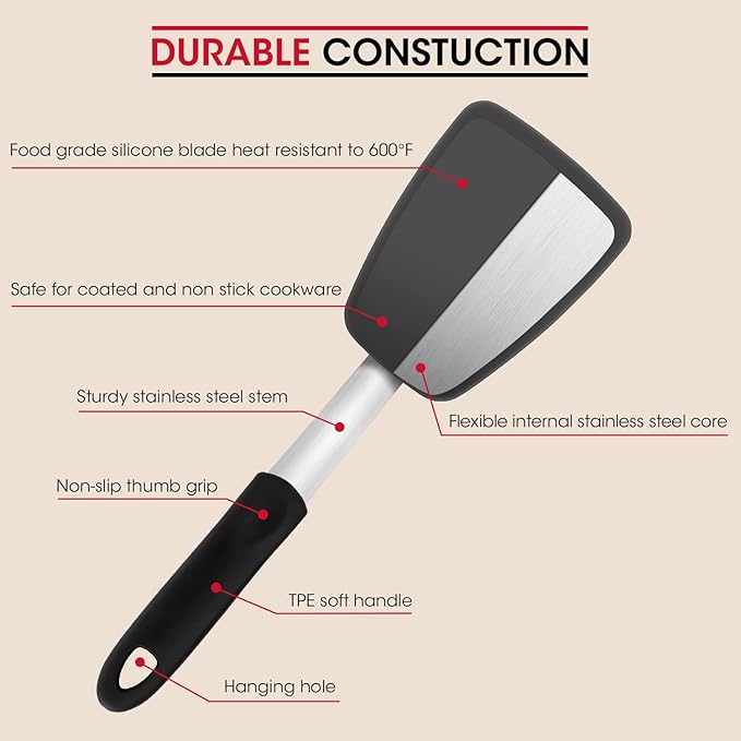 Unicook Flexible Silicone Spatula, 600°F Heat Resistant Silicone Turner for Nonstick Cookware, Essential Kitchen Cooking Utensil, Ideal for Flipping Eggs, Pancake, Burgers, Crepes and More, Medium