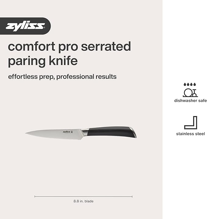 Zyliss Comfort Pro Serrated Paring Knife - Full Tang Vegetable & Bread Knife - Ice Hardened Stainless Steel Serrated Knife - Cutlery with Antibacterial Handle - Black/Stainless Steel - 4.5 Inches