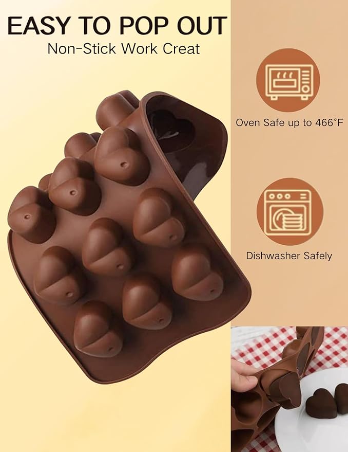 Silicone Chocolate Mold, Heart Shaped Cavities for Easy Release Treats 15 Cavity Candy Bar Gummy Molds for Valentine Baking, Pistachio, Candy, Snacks