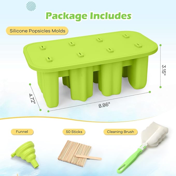 Popsicles Molds, 8-Cavity Silicone Popsicle Molds with 50 Sticks, BPA-Free Ice Pop Mold Popsicle Maker with Funnel & Cleaning Brush for Kids Adult Teens