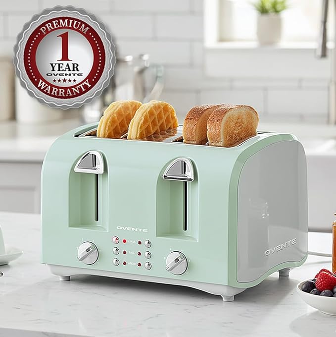 OVENTE Electric 4-Slice Toaster Machine with 6-Shade Selector Setting, Cancel Button, Defrost Function, Crumb Tray, 1400W Power and Wide Slots for Bagels, Waffles and Puff Pastry, TS4410LBL