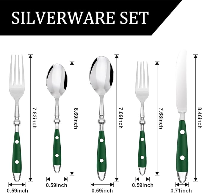 20-Piece Silverware Set, Stainless Steel Flatware Set, Service for 4, Vintage Cutlery Set with Green Bakelite Handle, Mirror Polished | Rustic | Dishwasher Safe