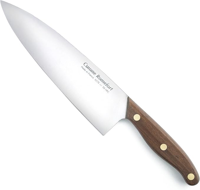 Cuisine Romefort | Sharp Carbon Steel Chef's Knife XC75, 8.7 in blade, with Leather sheath | chef knives with wooden handle | kitchen knife hardened with 58 Rockwell