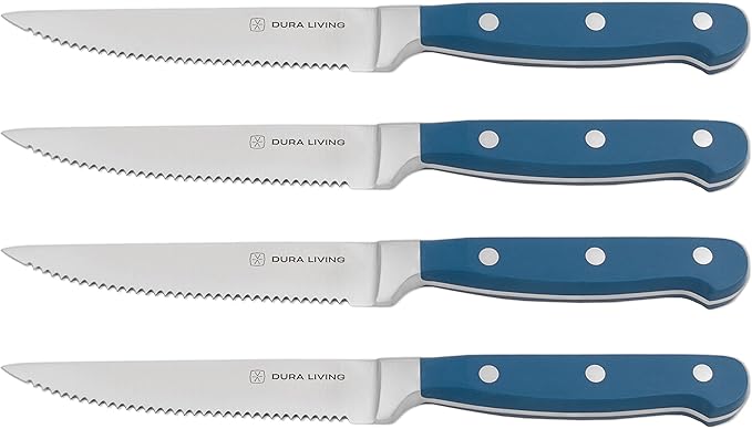 DURA LIVING Premium 4-Piece Steak Knife Set – Sharp Serrated Blades, Forged High Carbon Stainless Steel, Full Tang, Ergonomic Handle, Royal Blue – Ideal for Dining & Entertaining