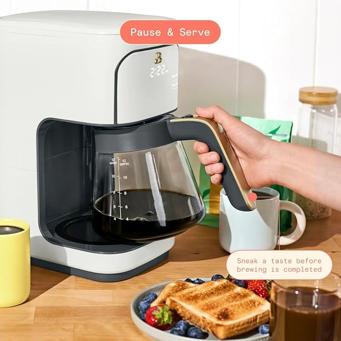 Beautiful 12-Cup Programmable Coffee Maker by Drew Barrymore, Touch-Activated Display, Auto Brew 24hr Timer, Regular/Gourmet/Bold Strength Options, Keep Warm & Auto Clean – Matte Finish (White Icing)