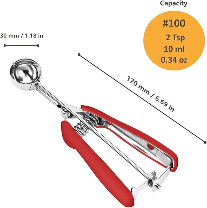 Cookie Scoop for Baking, Ice Cream Scoop, 2Tsp/10ml/0.34oz, 18/8 Stainless Steel, Mini Cookie Dough Scoop with Non-slip Grip (Red)