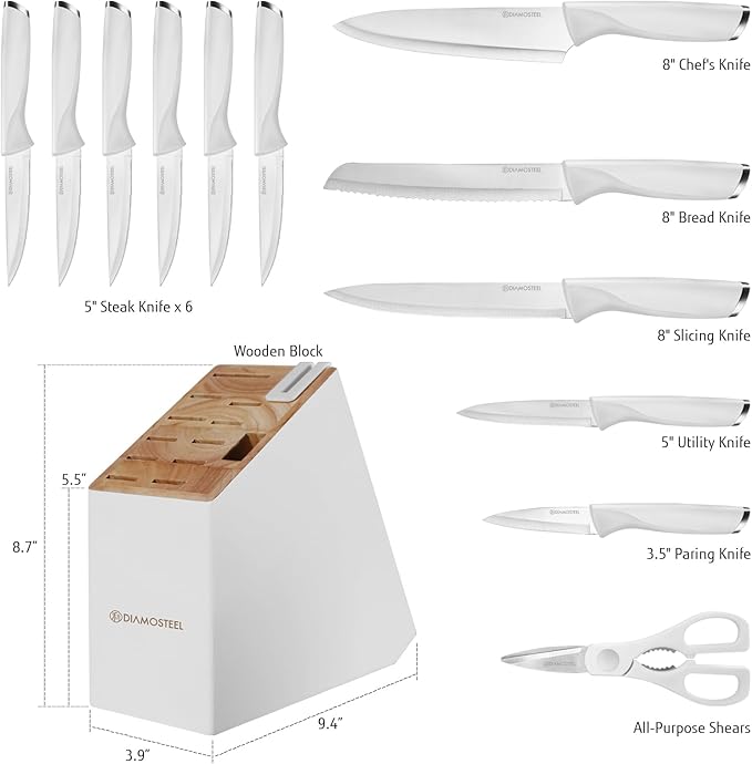 White Knife Set, 13 Pieces Knife Block Set with Built-in Sharpener Scissors for Kitchen Meat & Vegetable Cutting, Dishwasher Safe Knives Set Present for Family & Restaurant