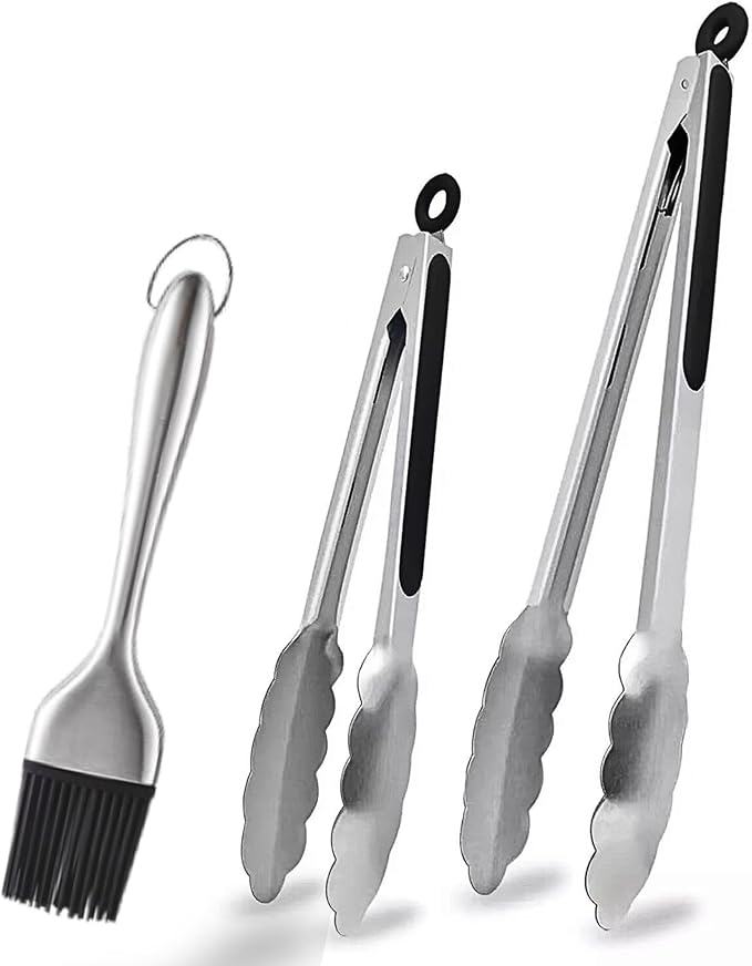 Stainless Steel Kitchen Tongs & Basting Brush Set – Heat Resistant Up to 600°F, Metal Locking Tongs for Cooking, Grilling, Baking & Barbeque (Silver, 9+12 inch)