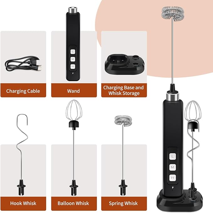 Rechargeable Milk Frother Handheld with 3 Detachable Stainless Whisks, 3 Speed Adjustable Drink Mixer, Mini Frother Wand for Coffee, Matcha, Protein Shakes, with Charging Base and Whisk Storage