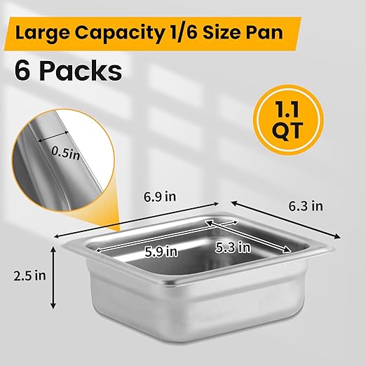 1/6 Hotel Pans 2.5 Inch Deep Stainless Steel Food Pan - Anti-Jam 6 Pack Steam Table Pan Set for Catering, Buffet Use, Kitchen Prep