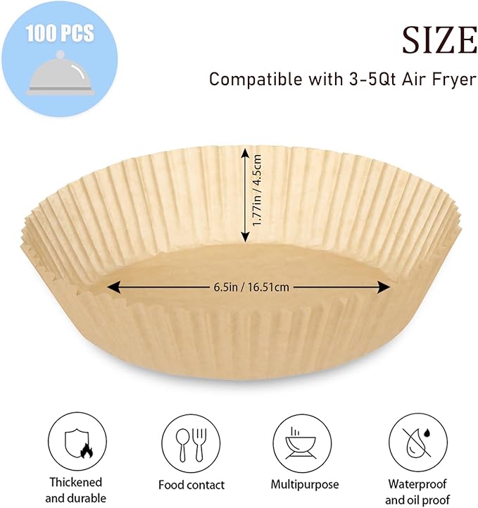 100PCS Air Fryer Disposable Paper Liners Fit 3-5QT Non-Stick Air Fryer Parchment Paper Air Frying Roasting Microwave Basket Oil-proof Resistant Baking Parchment Paper Thick (Round, 6.5inch)