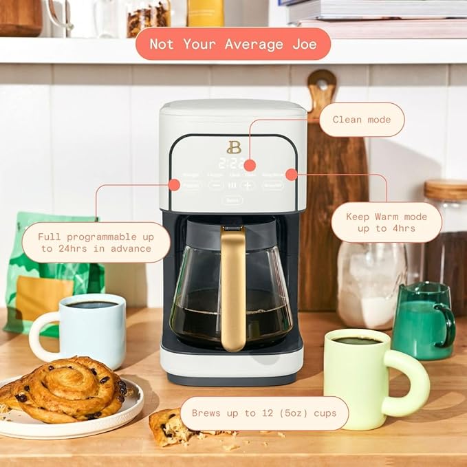 Beautiful 12-Cup Programmable Coffee Maker by Drew Barrymore, Touch-Activated Display, Auto Brew 24hr Timer, Regular/Gourmet/Bold Strength Options, Keep Warm & Auto Clean – Matte Finish (White Icing)