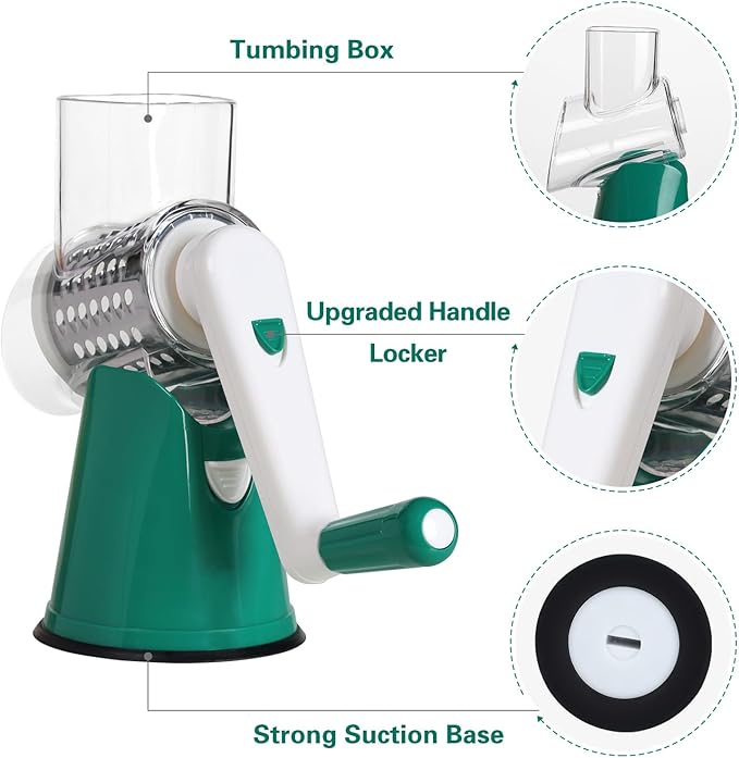 Cambom Rotary Cheese Grater Hand Crank Cheese Shredder for Fresh Cheese, Vegetable, Nuts,Non-slip Suction Base, Free Cleaning Brush Three Blades, Deep Green
