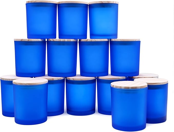 10 OZ Thick Candle Jars for Making Candles 15 Pcs, Empty Jars with Wood Lids for Candle Making, Sample Container, Frosted Blue
