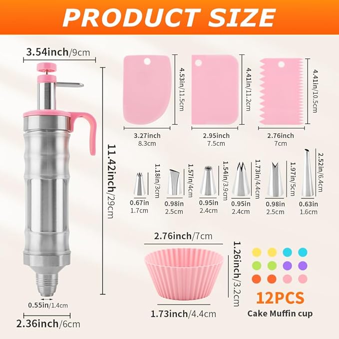 Dessert Decorating Syringe Set, 24Pcs Frosting Piping Kit with 6 Piping Tips, 12 Silicone Cupcake, Stainless Steel Cupcake Decorating Kit Piping Bags and Tips Set