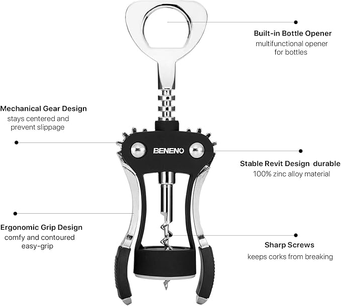 Beneno Wine Opener, Zinc Alloy Premium Wing Corkscrew with Multifunctional Bottles Opener, Sharp Wine Corkscrew with Ergonomic Non-Slip Wing Handle, Upgrade Black