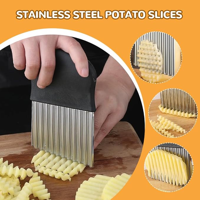 Large Crinkle Cutter, Stainless Steel Wavy Cutter with Non-Slip Handle, French Fry Cutter, Crinkle Potato Slicer, Chopping Tools for Potatoes Carrot Fruit Vegetable (C Set: 3 Pcs)