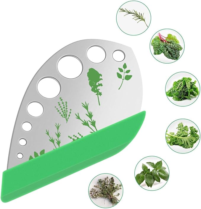 Leaf Herb Stripper, Stainless Steel Kitchen Herb Stripper Tool, 9holes, 2 in 1 design,Curved edge can be used as a kitchen knifefor Chard, Collard Greens, Parsley, Basil, Rosemary Herb, Taragon, Thym
