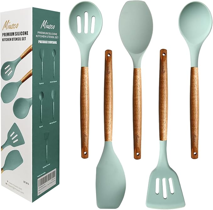 Kitchen Utensils Set, Silicone Cooking Utensils Set,Non-Stick Silicone Spatula Set with Natural Acacia Hard Wood Handle, 5 Piece, Upgraded Thickened Cookware