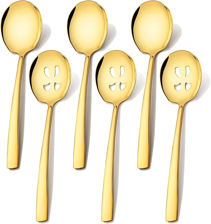 Extra Large Serving Spoons Set 11.7-Inch Gold Serving Slotted Spoon x 3 Serving Spoon x 3, 18/8 Stainless Steel Big Serving Utensil for Buffet, Parties, Catering - Dishwasher Safe(6-Pack, Gold)